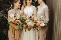mismatching modern neutral bridesmaid dresses will complement any appearance types and complexions