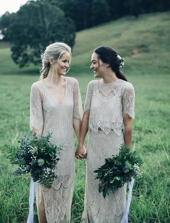 mismatching neutral delicate lace bridesmaid separates done in the same style are amazing and very romantic