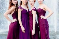 purple and fuchsia mismatched maxi bridesmaid dresses with various necklines are gorgeous for a berry-hued wedding