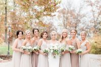 stylish mismatching neutral maxi bridesmaid dresses in creamy, dove grey and greige are a very elegant and chic solution