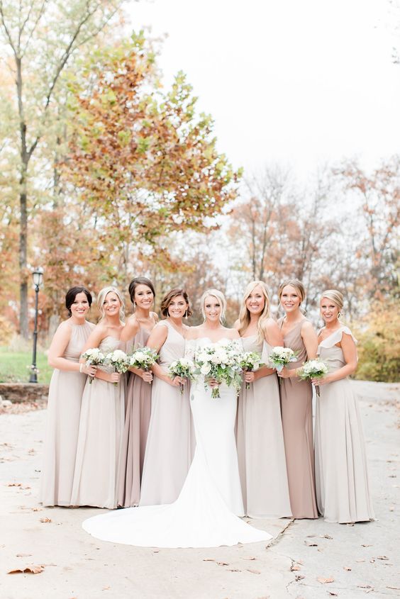 stylish mismatching neutral maxi bridesmaid dresses in creamy, dove grey and greige are a very elegant and chic solution