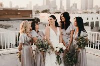 stylish silver grey wrap high low bridesmaid dresses with short sleeves and deep necklines are a timeless idea