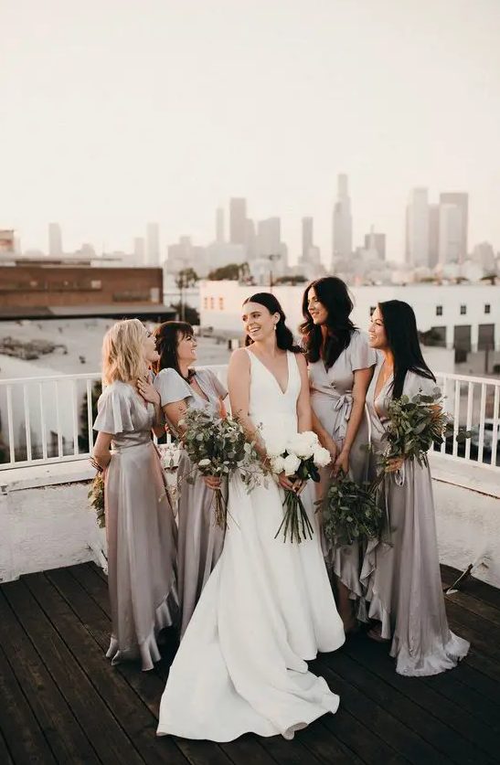 stylish silver grey wrap high low bridesmaid dresses with short sleeves and deep necklines are a timeless idea