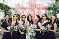super bold eggplant maxi bridesmaid dresses with mismatching necklines look very chic, cool and ultra-modern