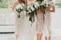 white lace fitting spaghetti strap bridesmaid dresses and a different boho lace one with a high neckline and short sleeves