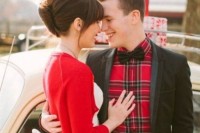 a red cardigan over a wedding dress will give your look a Christmassy feel