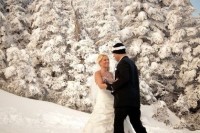 wedding portraits right on the mountain, in the snowy setting and with snowboards