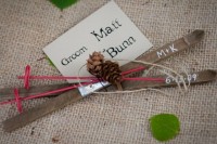 a creative card holder – mini skis and ski poles plus pinecones is a very cool idea for a ski resort wedding