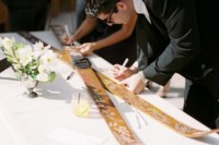 guests leaving wishes and their names on large skis – this is a great idea for a ski resort wedding