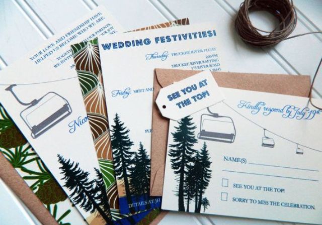 a ski resort wedding invitation suite with fir trees and other related prints plus kraft paper envelopes is cool