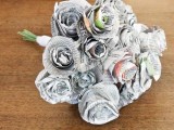 a wedding bouquet made of newspaper flowers is a very cool and fresh solution for a wedding, it’s a sustainable and eco-freidnyl option