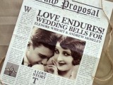 a creative save the date shaped as a vintage newspaper is a lovely idea for a wedding, and it can be rocked any time and for any vintage wedding