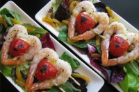 pretty heart-shaped grilled shrimp and tomato appetizers for a Valentine wedding