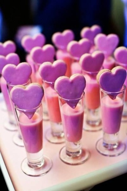 pink milk and pink heart-shaped cookies are gorgeous late night snacks for a Valentine's Day wedding