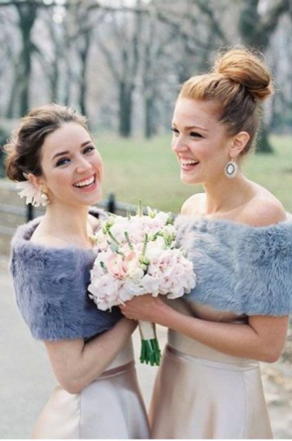 neutral bridesmaid dresses and serenity blue cover ups are a great combo for a cold day wedding, these shawls will give a touch of color