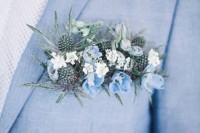 a serenity blue blazer and a pocket boutonniere of white and blue blooms and thistles are a lovely and delicate combo to rock