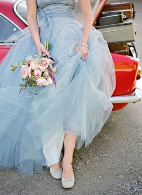 a serenity blue wedding ballgown, matching shoes and a delicate blush wedding bouquet for a lovely pastel wedding