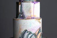 a creative wedding cake featuring your couple’s favorite cities and some bright drip, too