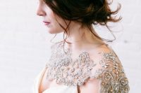 a fantastic shoulder necklace of lace, rhinestones and beads will accent your bridal look in a very creative way