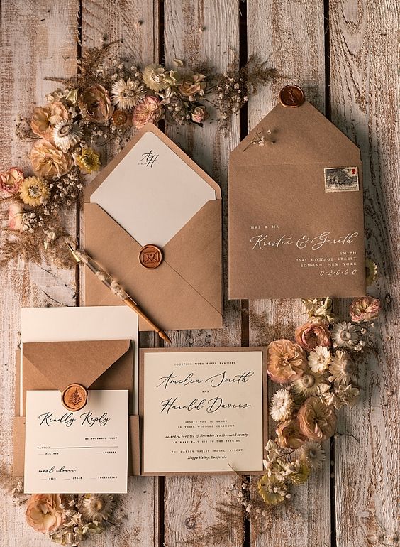 a kraft paper wedding invitation suite with black and white calligraphy, pretty seals is a cool idea for an earthy tone wedding