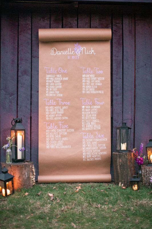 a lovely rustic wedding seating chart of kraft paper and calligraphy, with lanterns and bold blooms for a rustic wedding