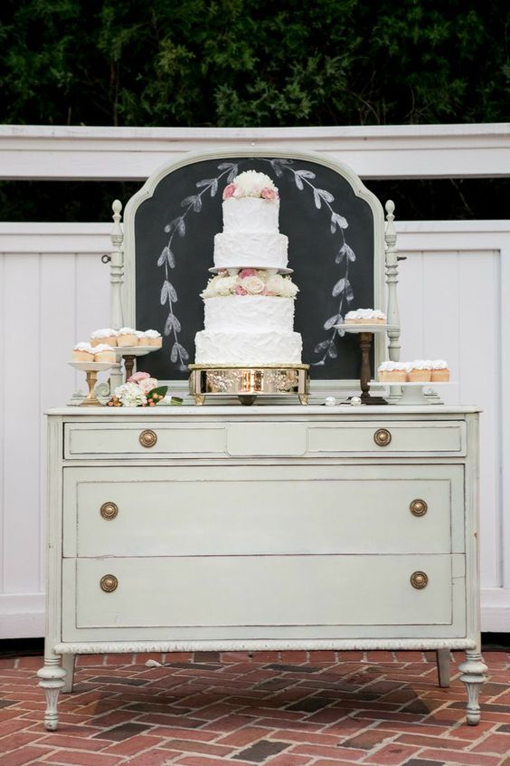 a mint-colored dresser, with a chalkboard and lots of desserts and a wedding cake is a lovely idea for a vintage wedding