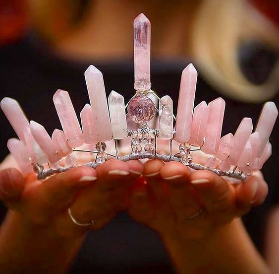 a rose quartz crystal crown with beads is a lovely accessory to rock for a wow effect