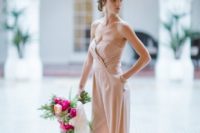 a strapless blush jumpsuit with a wrap bodice, wide pants and matching shoes looks very romantic