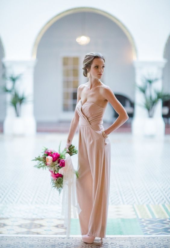 a strapless blush jumpsuit with a wrap bodice, wide pants and matching shoes looks very romantic