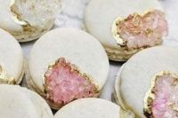 gorgeous geode macarons in neutrals, with white and rose quartz crystals and gold leaf