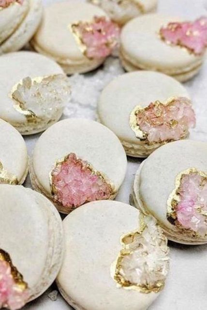 gorgeous geode macarons in neutrals, with white and rose quartz crystals and gold leaf