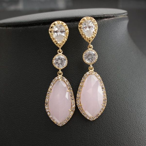 statement diamond and rose quartz earrings to complete a bridal or bridesmaid's look