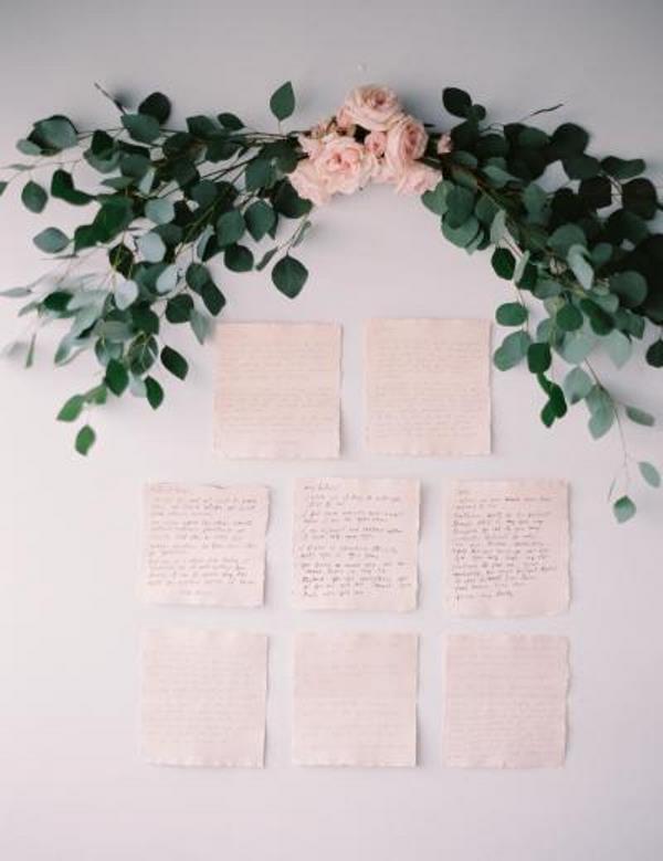 rose quartz wedding stationery and eucalyptus with pink roses for making the wedding more romantic