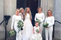 modest white jumpsuits with long sleeves and white shoes for a trendy white bridal party look