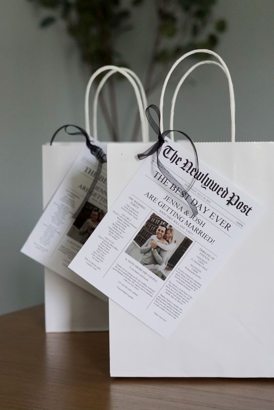 wedding welcome bags personalized with little newspapers about the couple are perfect for your destination wedding