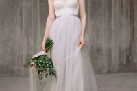a romantic wedding separate with a white bustier top with spaghetti straps, a grey layered tulle skirt looks ethereal