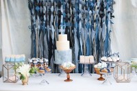 a contrasting woven denim backdrop, matching ribbons highlighting the desserts and blue desserts for a casual feel