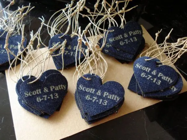 denim hearts with twine are cute and fun wedding favors that can be easily DIYed by you