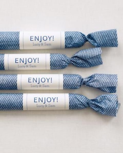 denim print wrapped wedding favors with tags are a cool idea for a relaxed rustic wedding