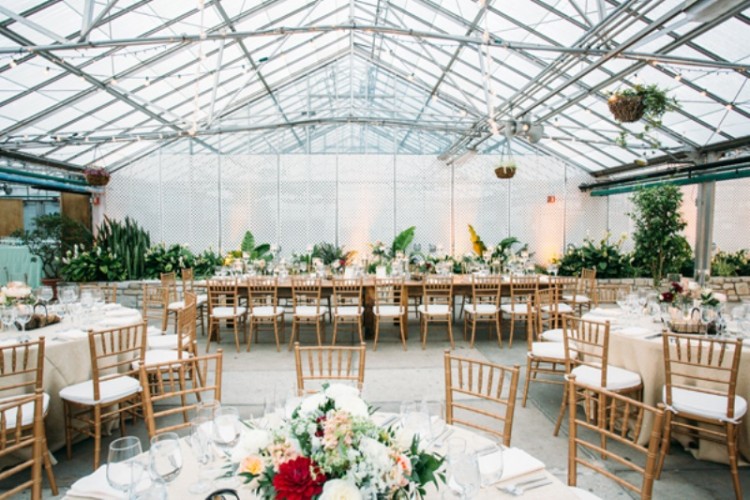 a neutral wedding reception with greenery in pots, bright floral centerpieces and leaves in vases