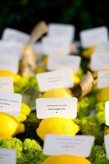 wedding seating cards displayed on lemons and moss are amazing - such decor gives a lovely bright look to the wedding