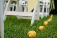 a wedding aisle lined up with lemons is a cool idea for a bold summer wedding, it’s easy to repeat that