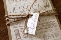 a vintage wedding invitation wrapped with twine and with tags is a lovely idea for a vintage rustic wedding