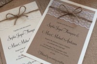 a neutral and kraft paper wedding invitation decorated with lace and twine is a very chic idea to rock