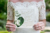 a cool save the date with gold calligraphy and magnolias is a perfect idea for a southern wedding