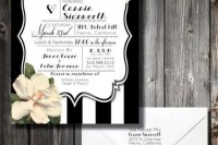 a wedding invitation suite with a white and black and white part with magnolias for an elegant and classic southern look