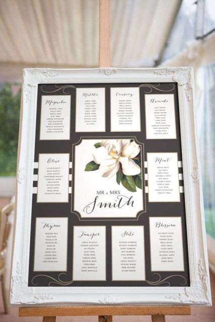 a wedding seating chart is done with a chalkboard and a printed magnolia for a slight southern touch in decor