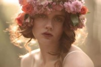 a super lush and bright floral crown with lilac and pink blooms and some greenery is a gorgeous idea to look like a nymph