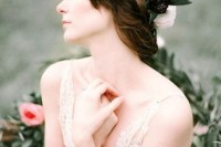 a gorgeous pink and white floral crown with large roses and greenery is a lovely idea for a spring or summer bride