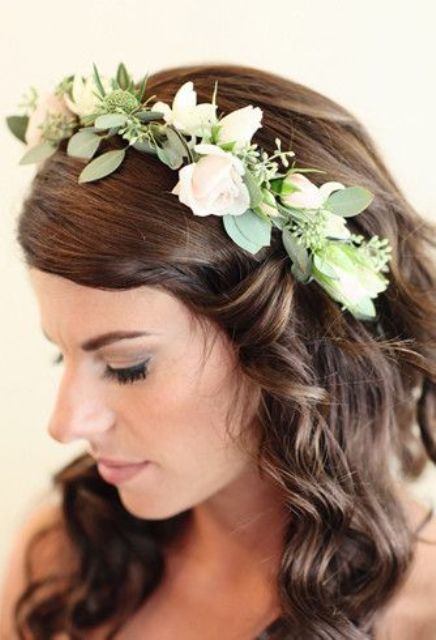 a beautiful floral tiara with white and blush blooms and eucalyptus is a lovely idea for a spring wedding